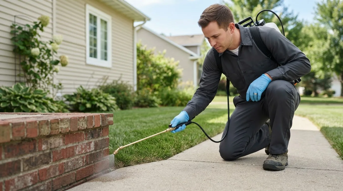 Pest control technician treating a home near Mill Creek, OK