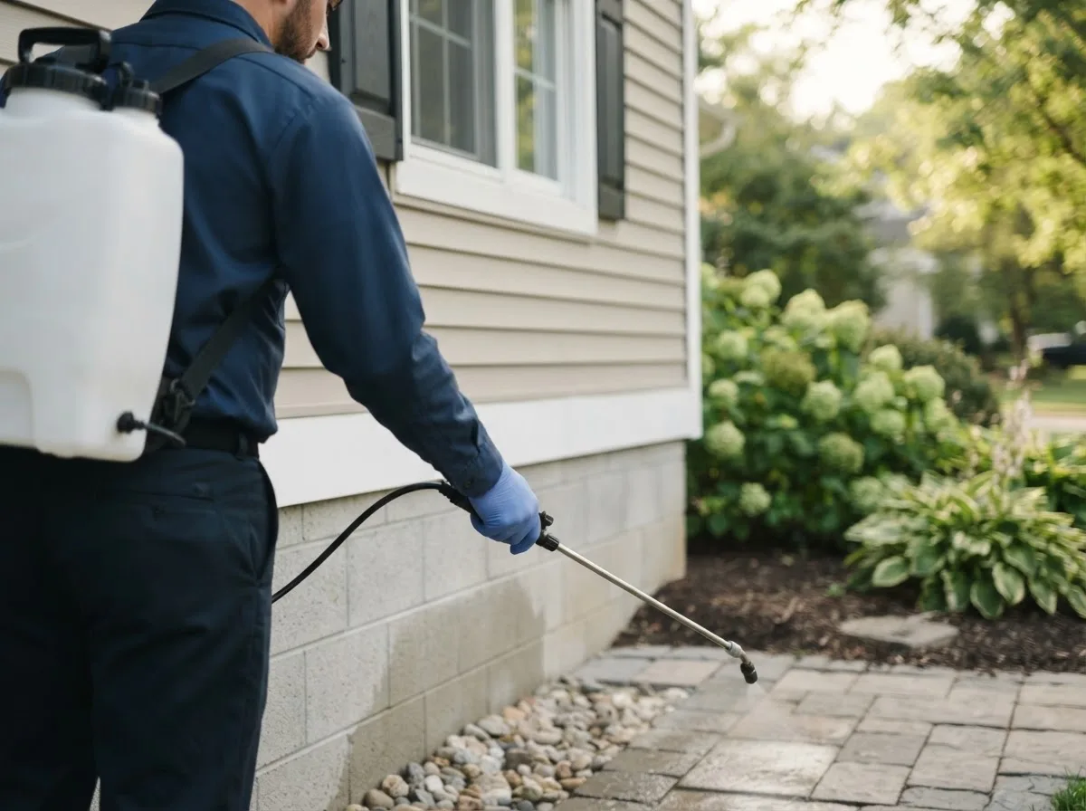 Pest control technician inspecting a home in Mill Creek, OK